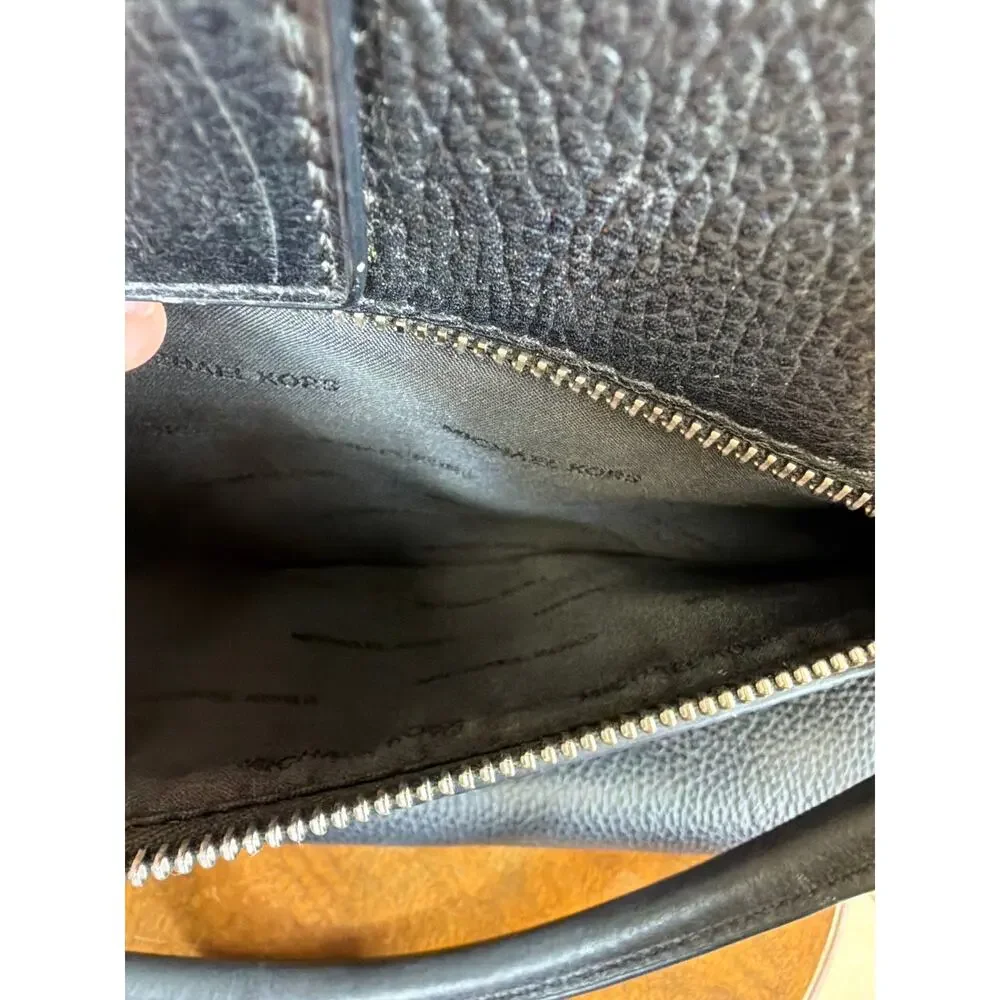 Michael Kors Black Pebble Leather Double Handle Large Outer Pocket Zip Tote Bag